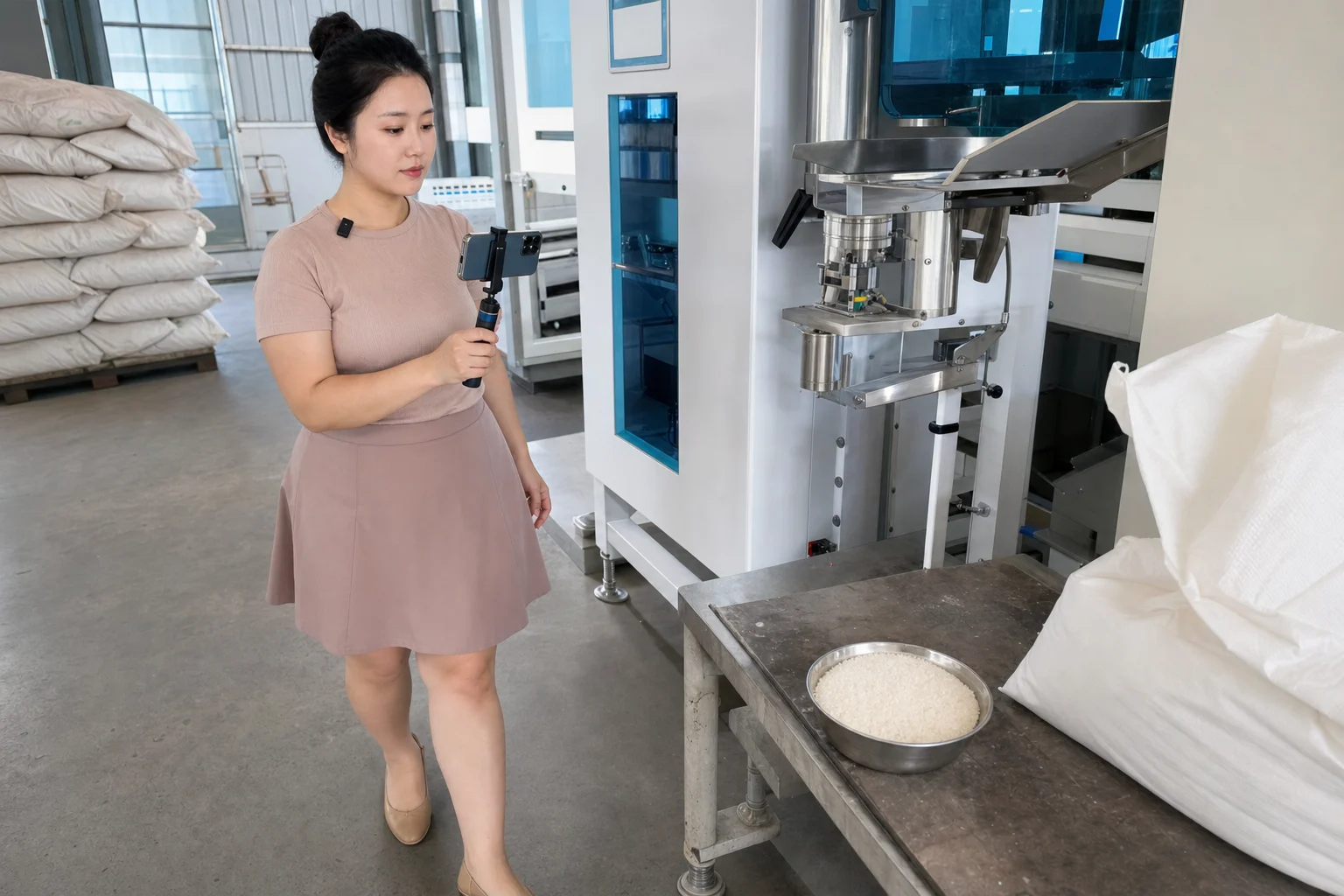 自媒体拍摄人员在大米定制包装设备旁用手机记录原料与设备接口