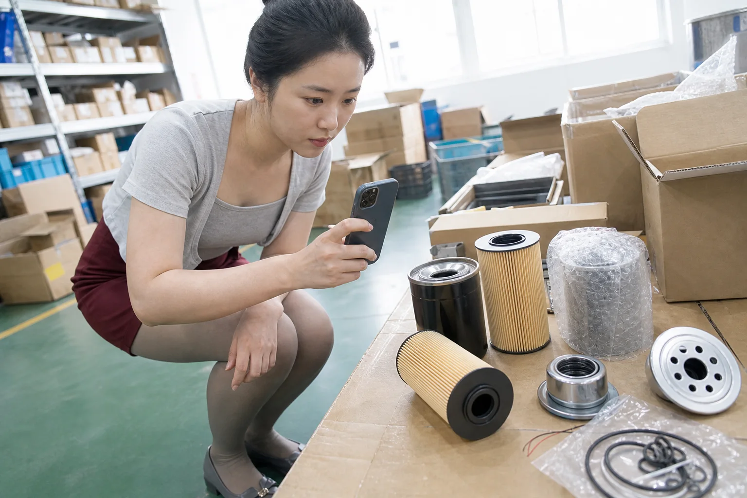 自媒体拍摄人员在采购样品核对桌用手机记录机油滤清器样件与包装附件