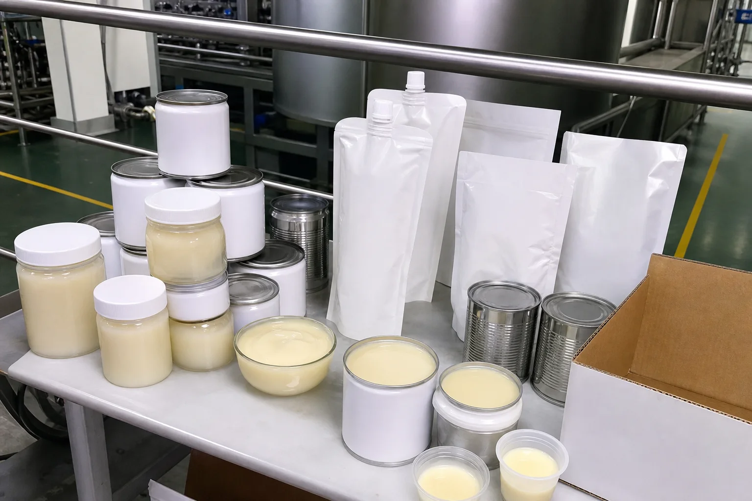 炼乳加工产品资料拍摄台用手机核对样品包装与应用说明