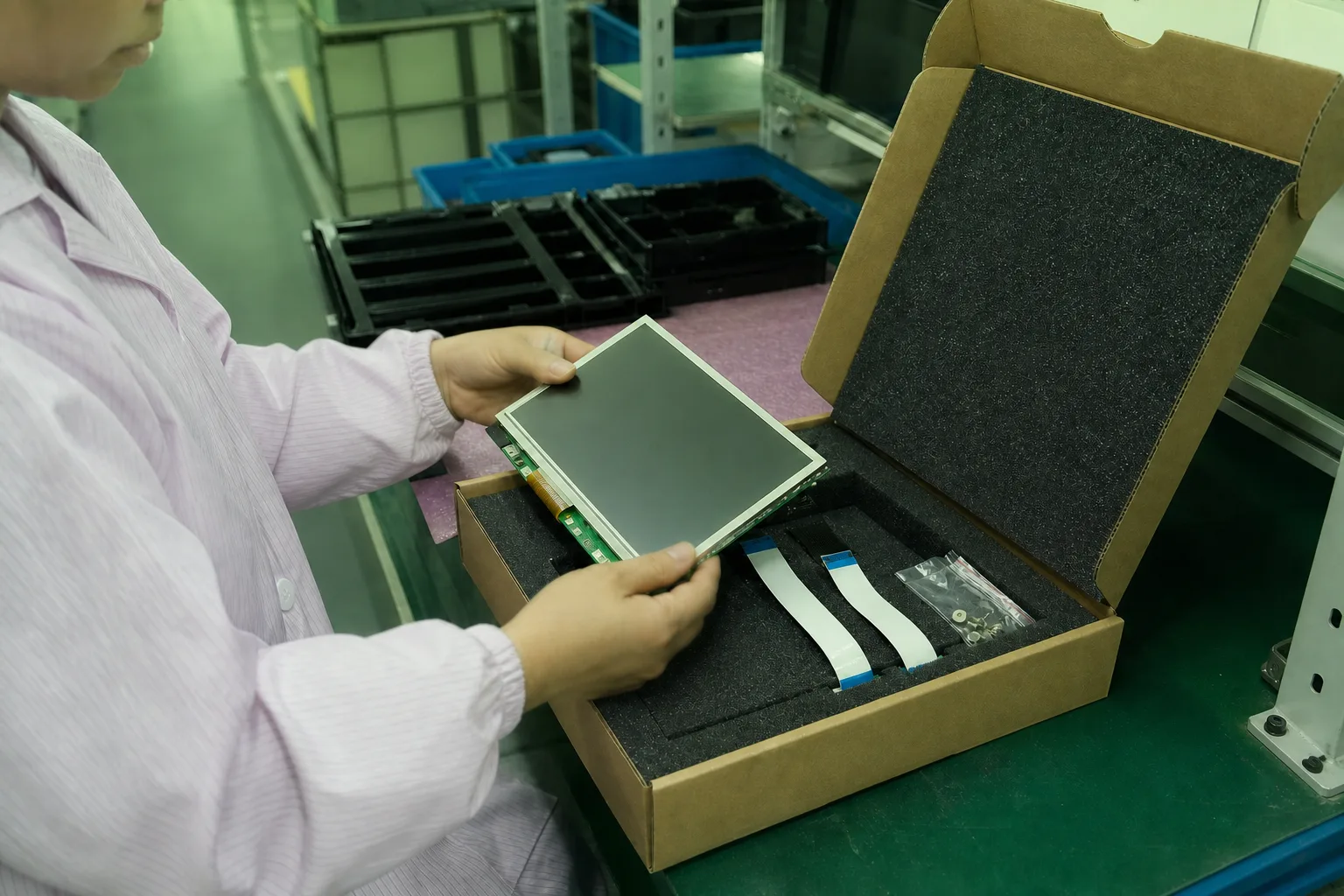 显示板定制样品包装区用手机核对附件与交付状态